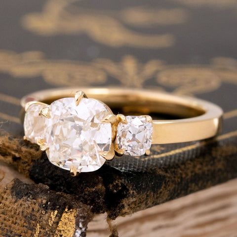 1.69ctw Old Mine Cut Diamond Trilogy Ring, GIA J SI