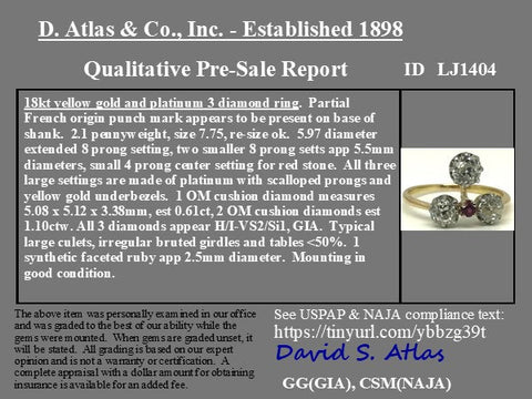 1.71ctw (est) Edwardian Old Mine Cut Trios Diamond Ring, French