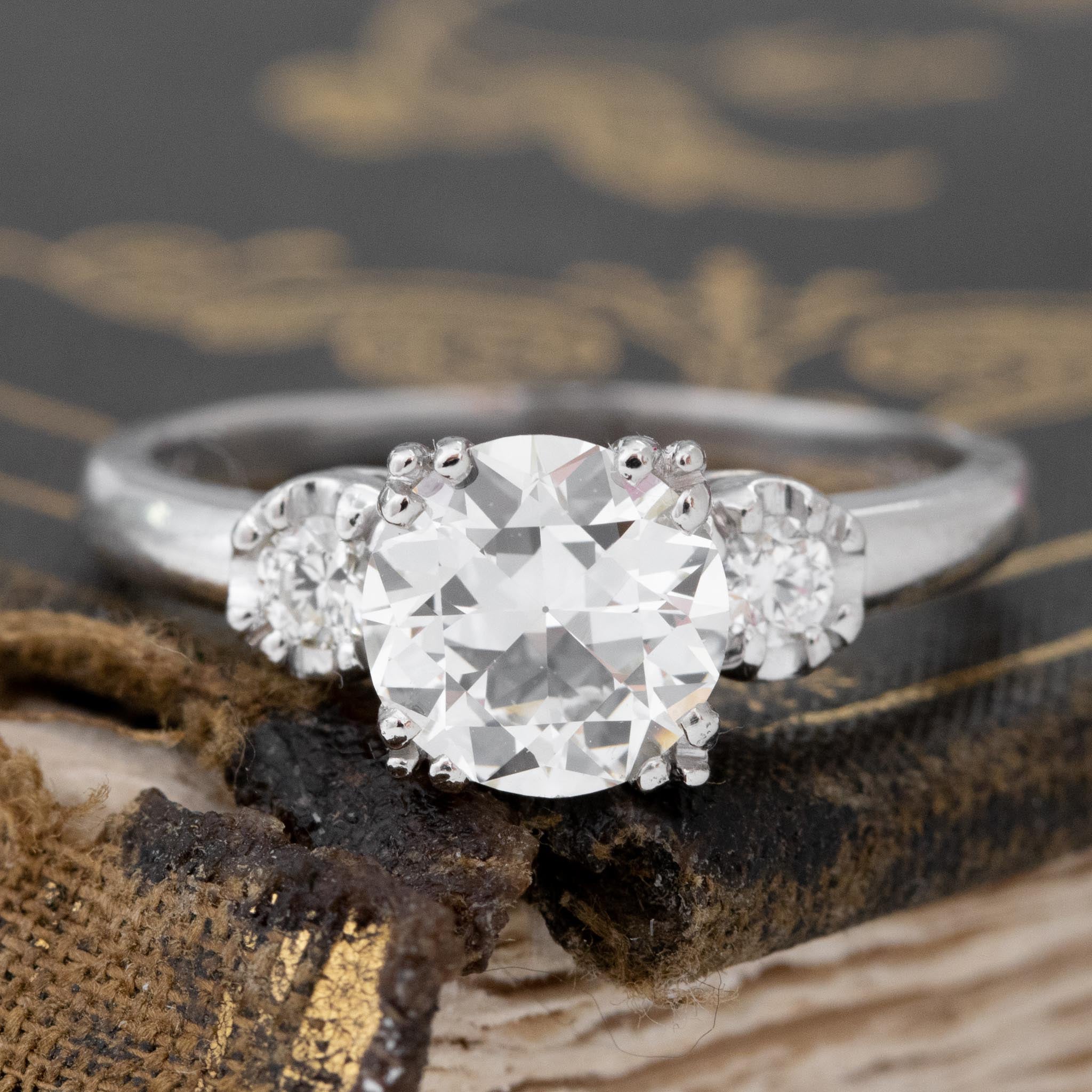 1.71ctw Transitional Cut Diamond Vintage Trilogy Ring, GIA I VS2