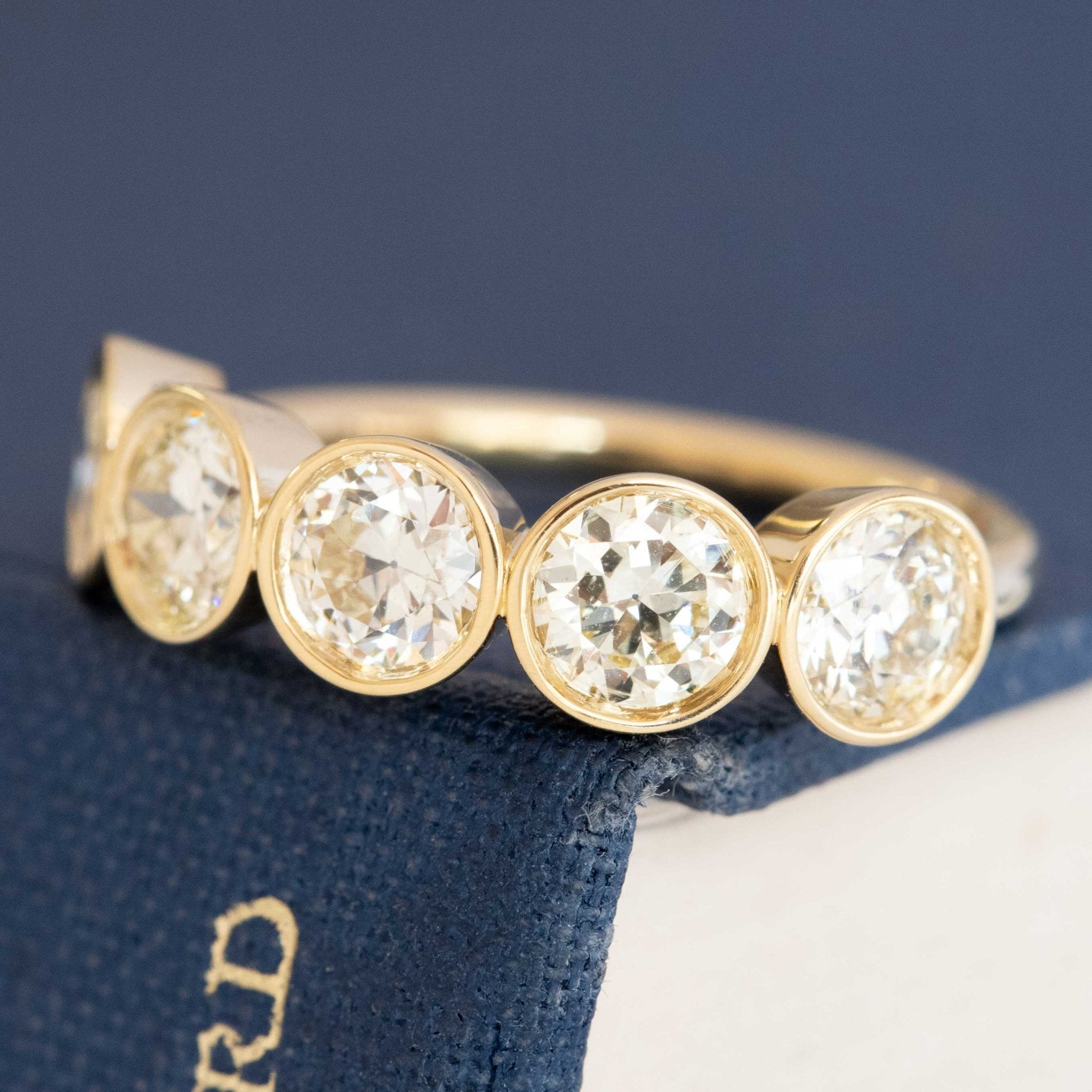 Close-up of bezel set Old European diamonds band 5 stones