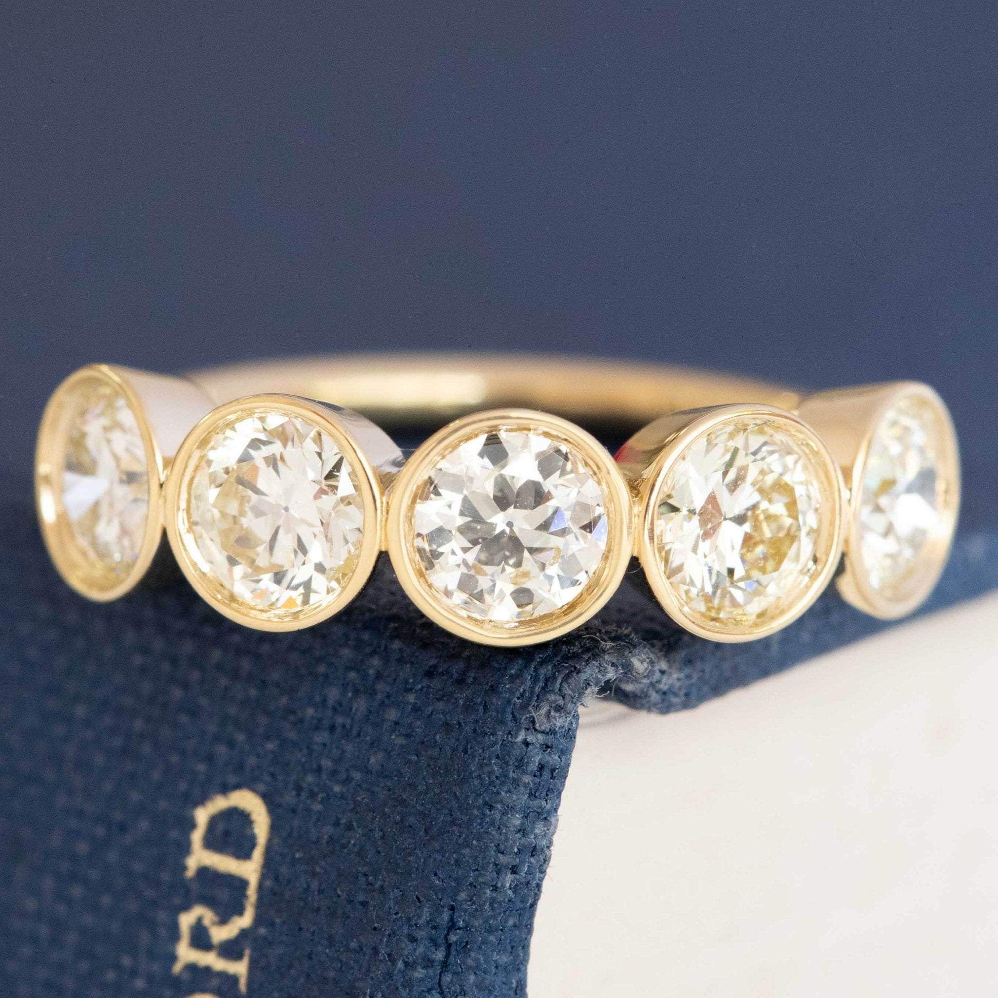 Antique style five-stone diamond bezel band, 1.72 carat weight