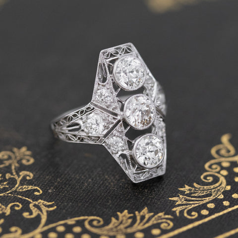1.72ctw Old European Cut Diamond Trilogy Navette Ring