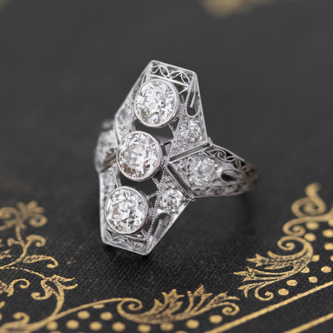 1.72ctw Old European Cut Diamond Trilogy Navette Ring