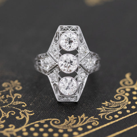 1.72ctw Old European Cut Diamond Trilogy Navette Ring