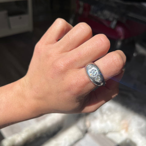 1.72ctw vintage old European cut diamond flush set trilogy ring, platinum – alternate view 2