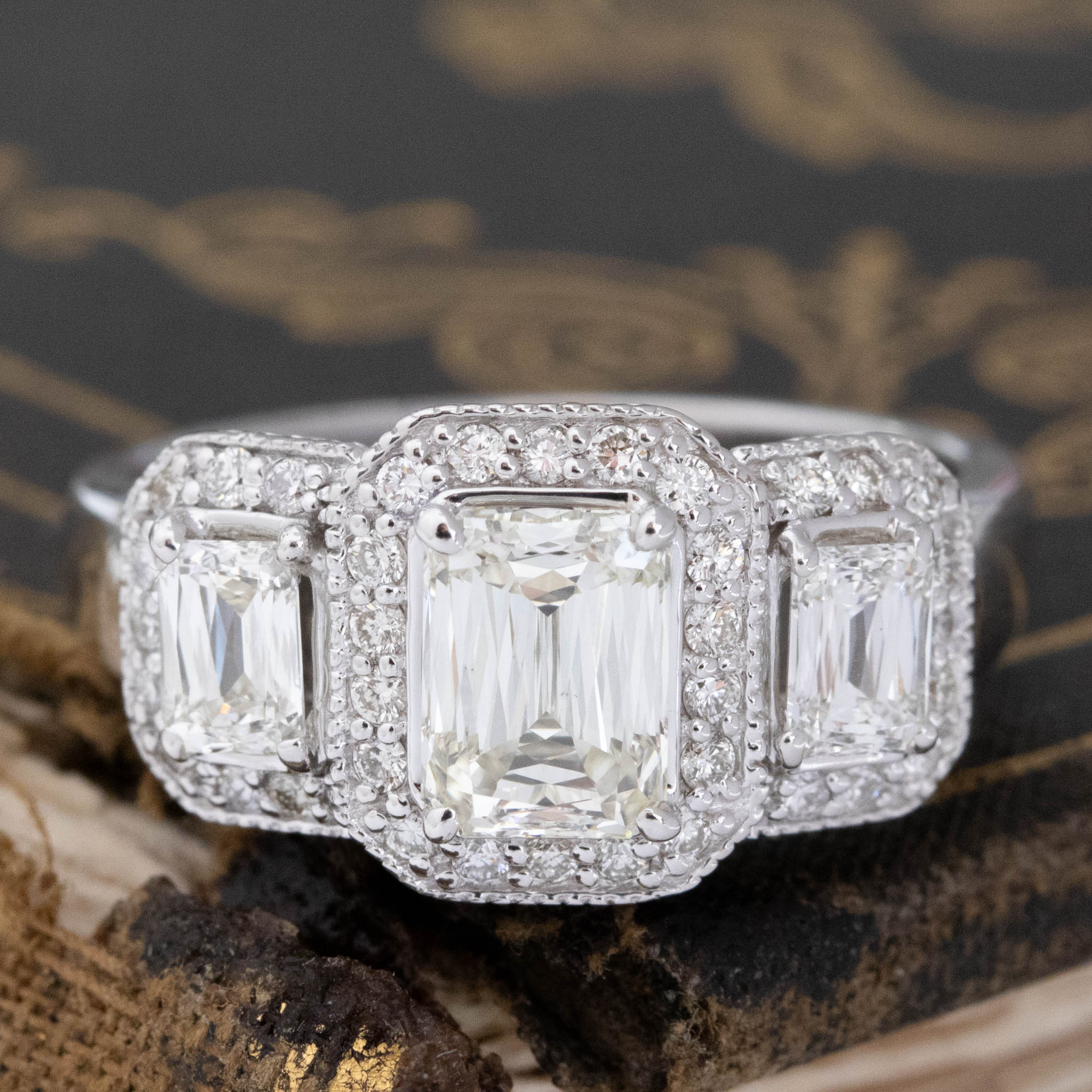 1.75ctw "Criss Cut" Emerald Cut Diamond Halo Trilogy Ring, GIA L VS2