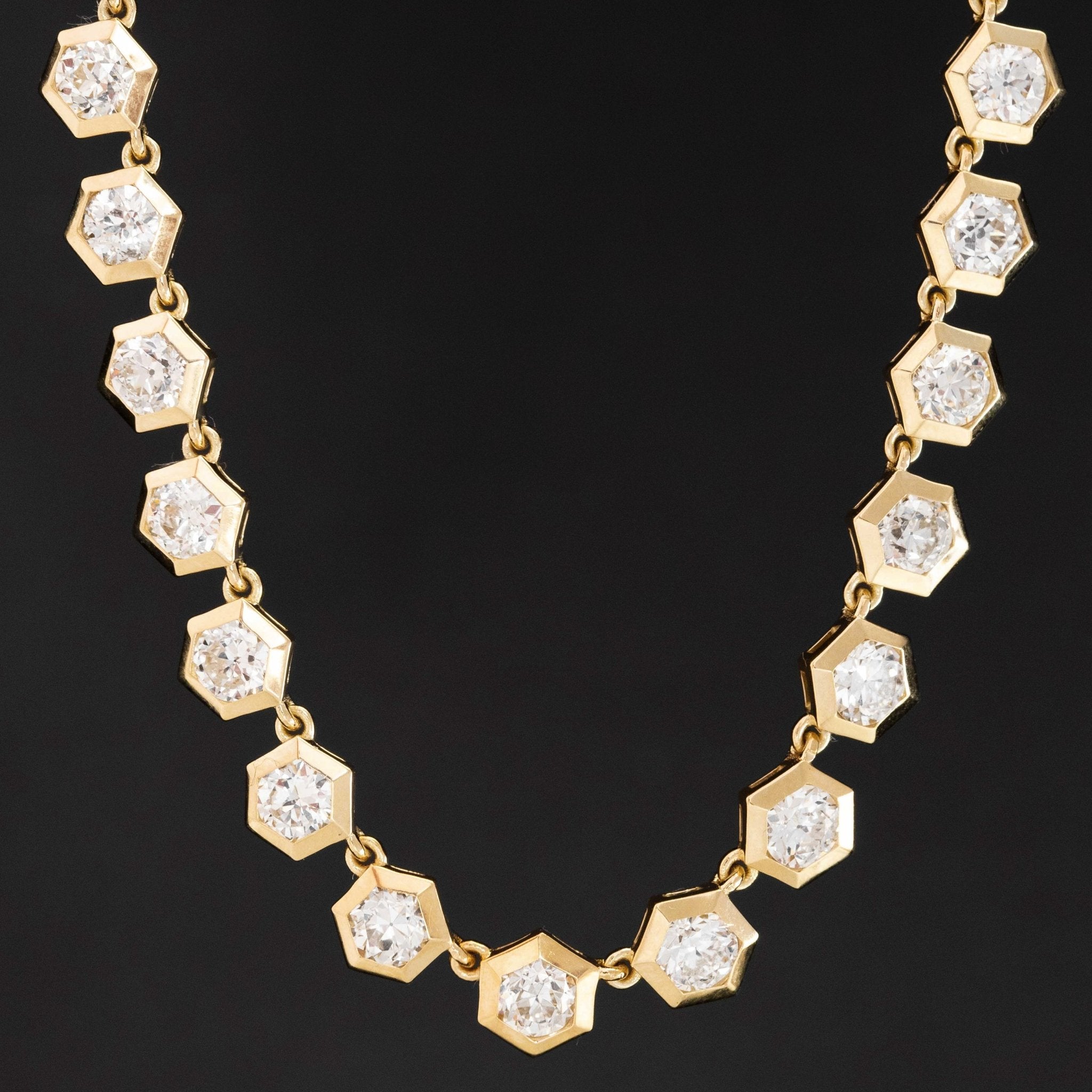 17.64ctw Old European Cut Diamond Hexagonal Bezel Tennis Necklace in 18kt Yellow Gold