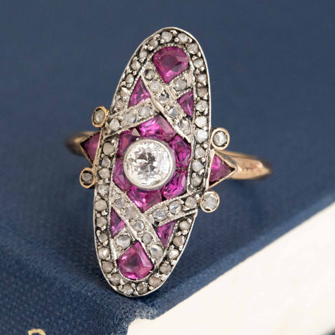 1.80ctw Edwardian rose cut diamond and calibre cut ruby dinner ring in platinum and 18kt gold – alternate view 5