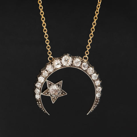 1.83ctw Antique Old Cut Diamond Crescent & Star Pendant