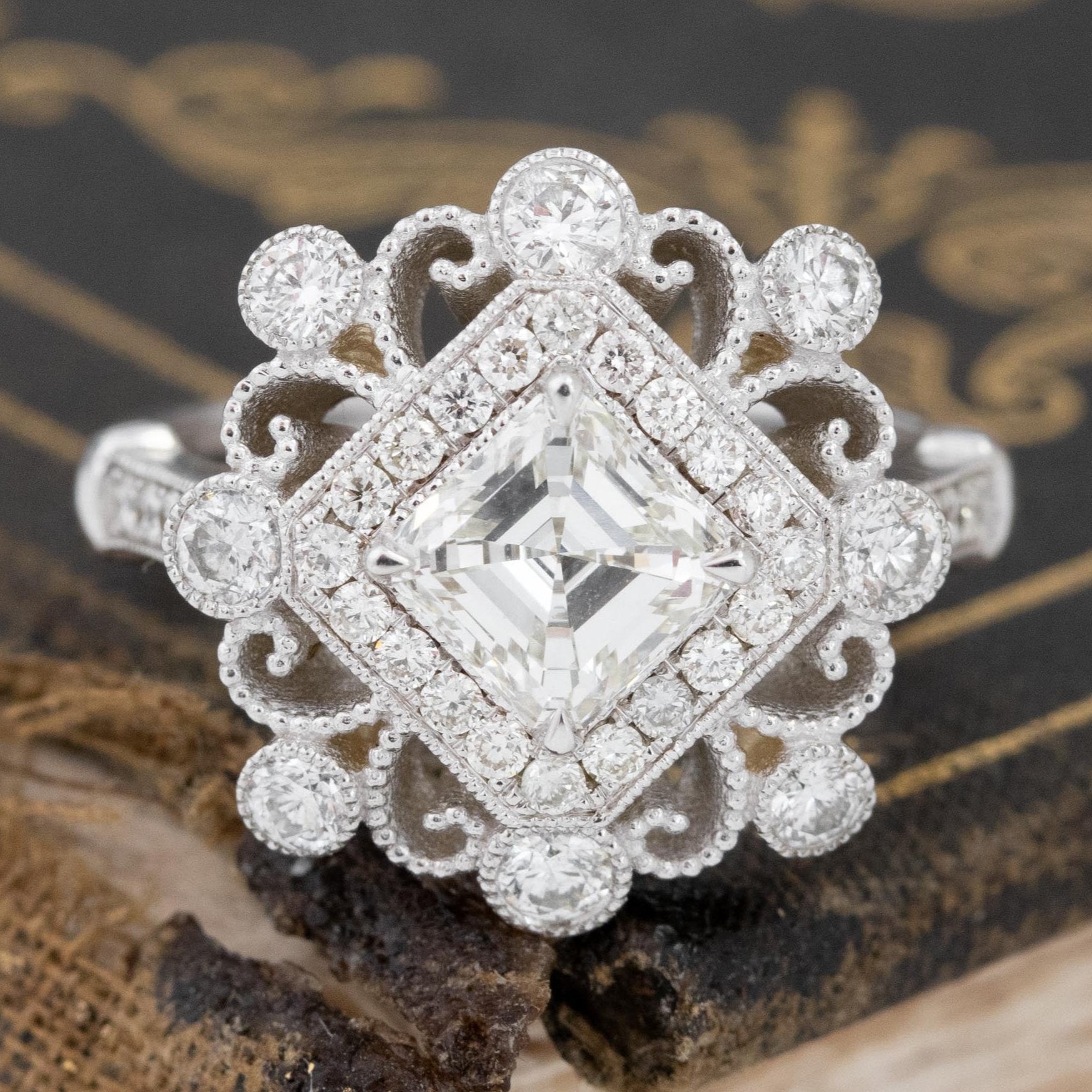 1.83ctw Asscher Cut Diamond Fancy Cluster Ring, by Maggi Simpkins