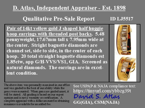 1.85ctw Vintage Baguette Cut Diamond Half Hoop Earrings