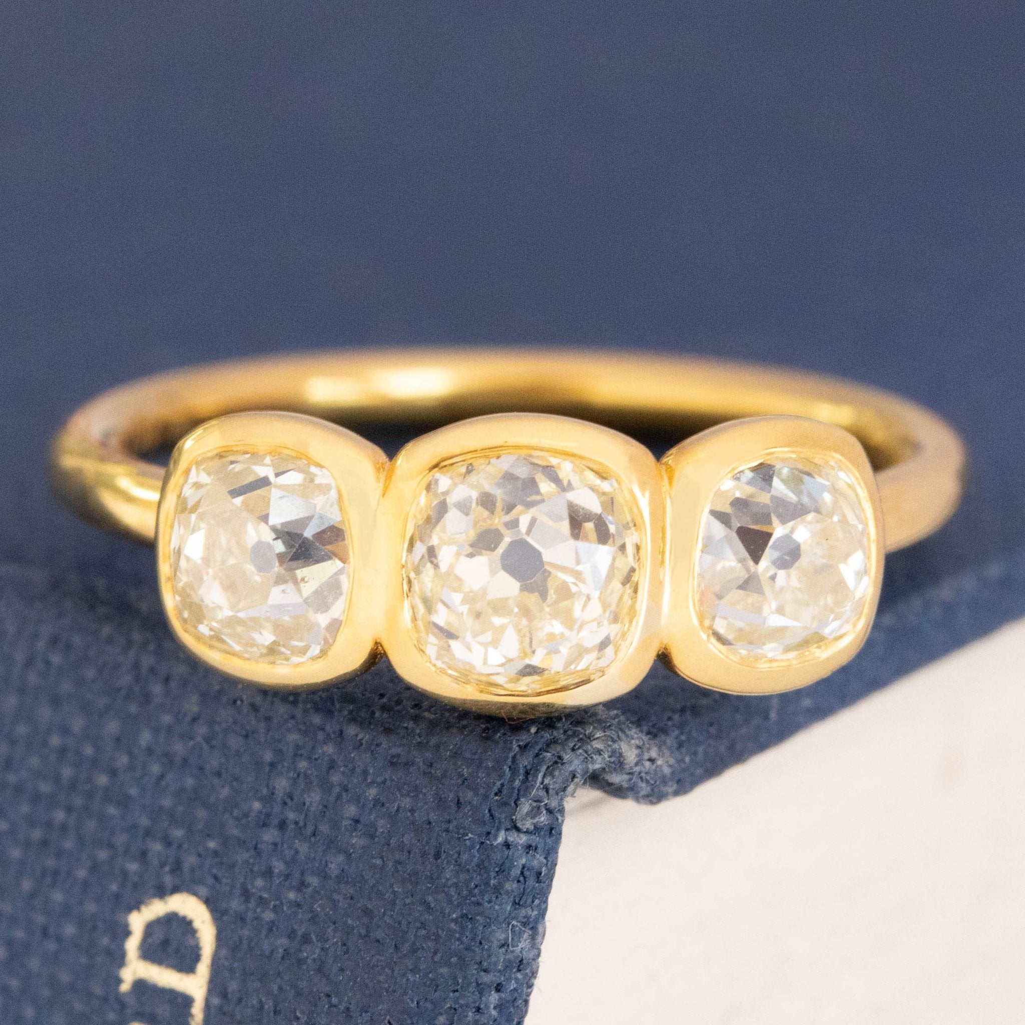 1.86ctw Fancy Light Yellow  Old Mine Cut Diamond Bezel Trilogy Ring