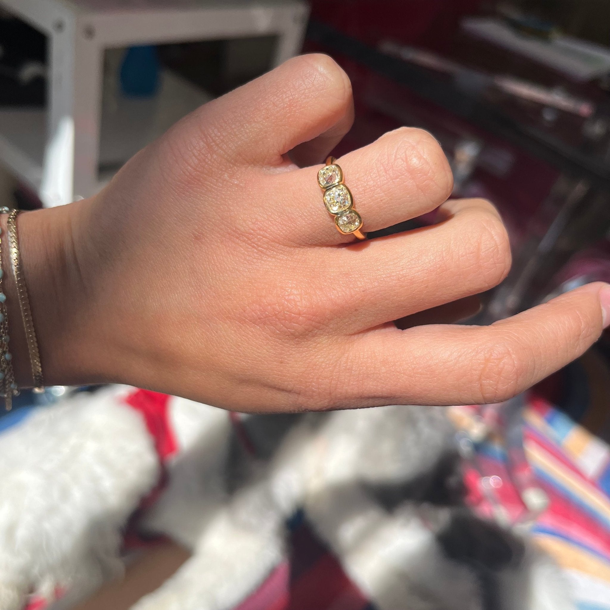 1.86ctw Fancy Light Yellow  Old Mine Cut Diamond Bezel Trilogy Ring