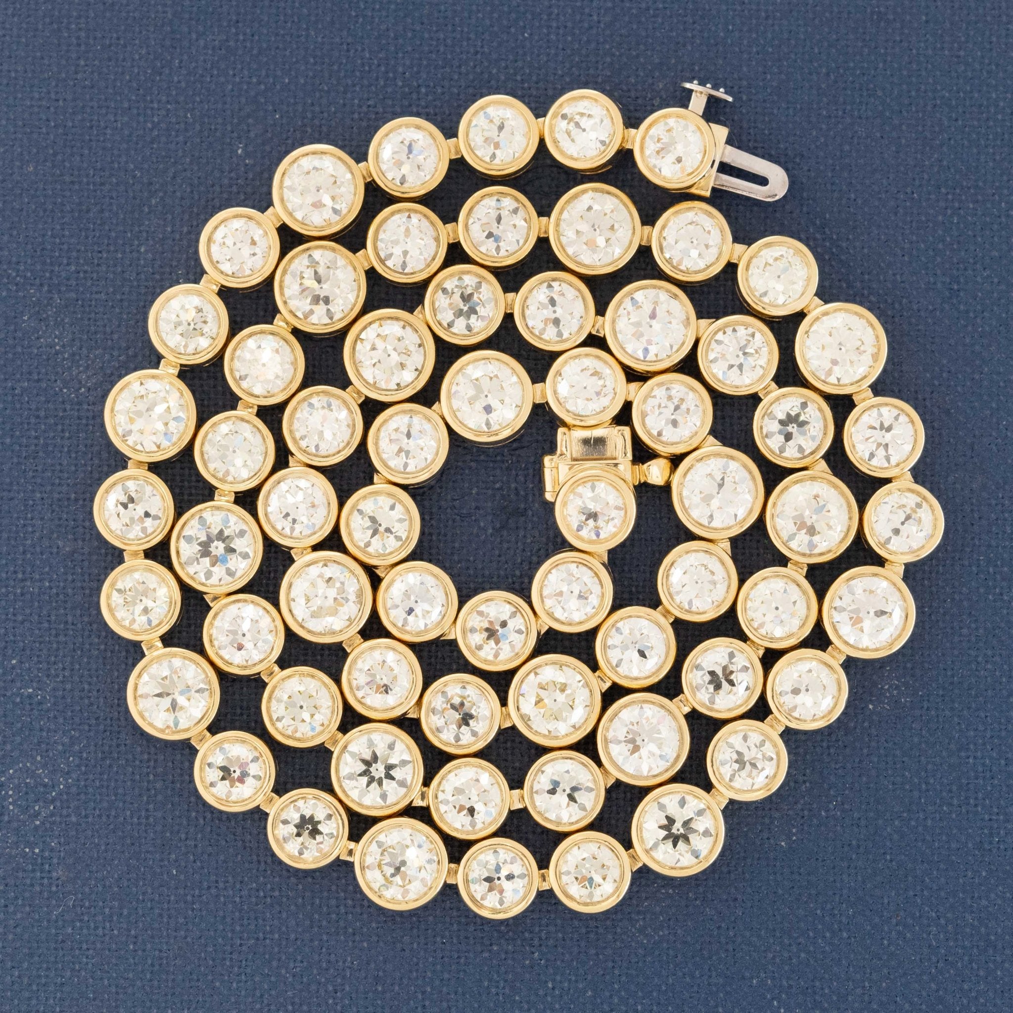 Detail view of antique Old European cut diamonds in bezel settings