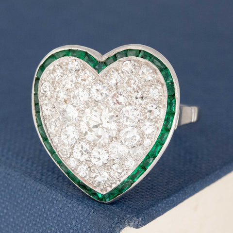 1.89ctw Edwardian Diamond & Emerald Heart Motif Ring