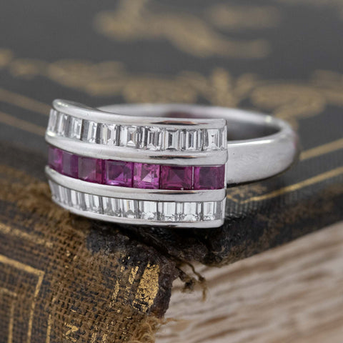 1.89ctw Vintage Ruby & Step Cut Diamond Triple Row Band