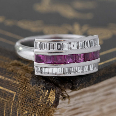 1.89ctw Vintage Ruby & Step Cut Diamond Triple Row Band