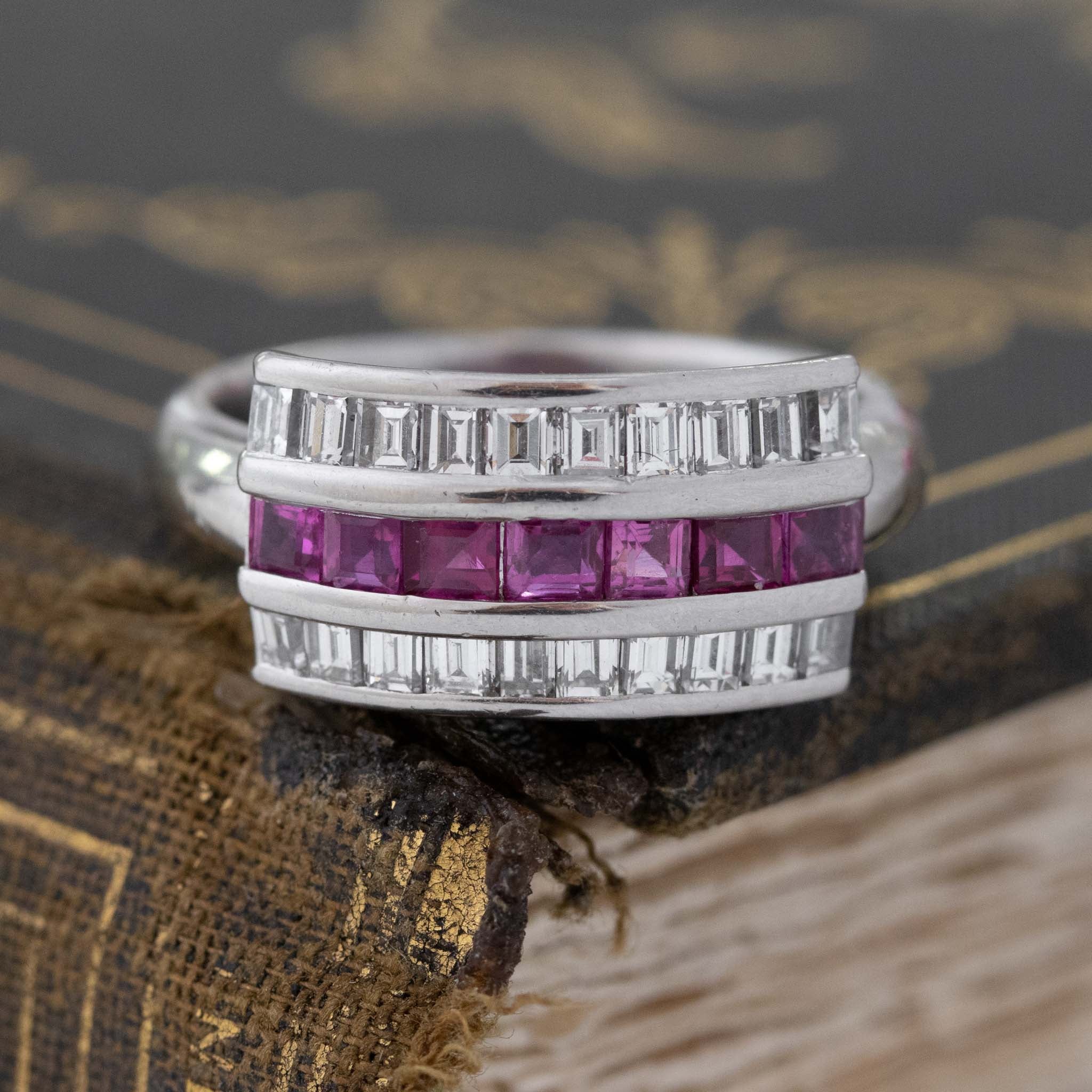 1.89ctw Vintage Ruby & Step Cut Diamond Triple Row Band