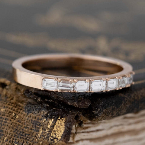 Close-up of .18ctw Slim Baguette Cut Diamond 7-Stone Band, vintage-inspired band with Baguette Cut Diamonds, crafted in yellow gold.