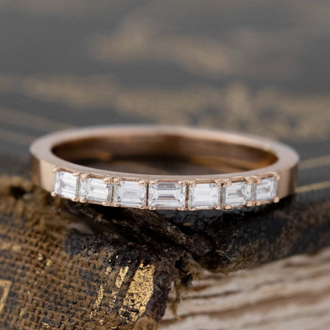 .18ctw Slim Baguette Cut Diamond 7-Stone Band with Baguette Cut Diamonds in yellow gold, antique-inspired one-of-a-kind wedding band