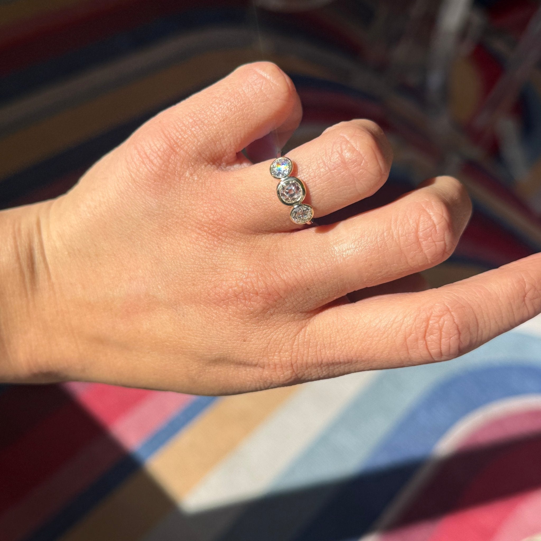 1.91ctw Old European & Old Mine Cut Diamond Bezel Trilogy Ring