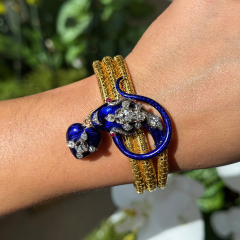 Victorian cobalt blue enamel and old mine cut diamond serpent snake bracelet with heart drop, 1.94ctw, 18K gold – alternate view 2