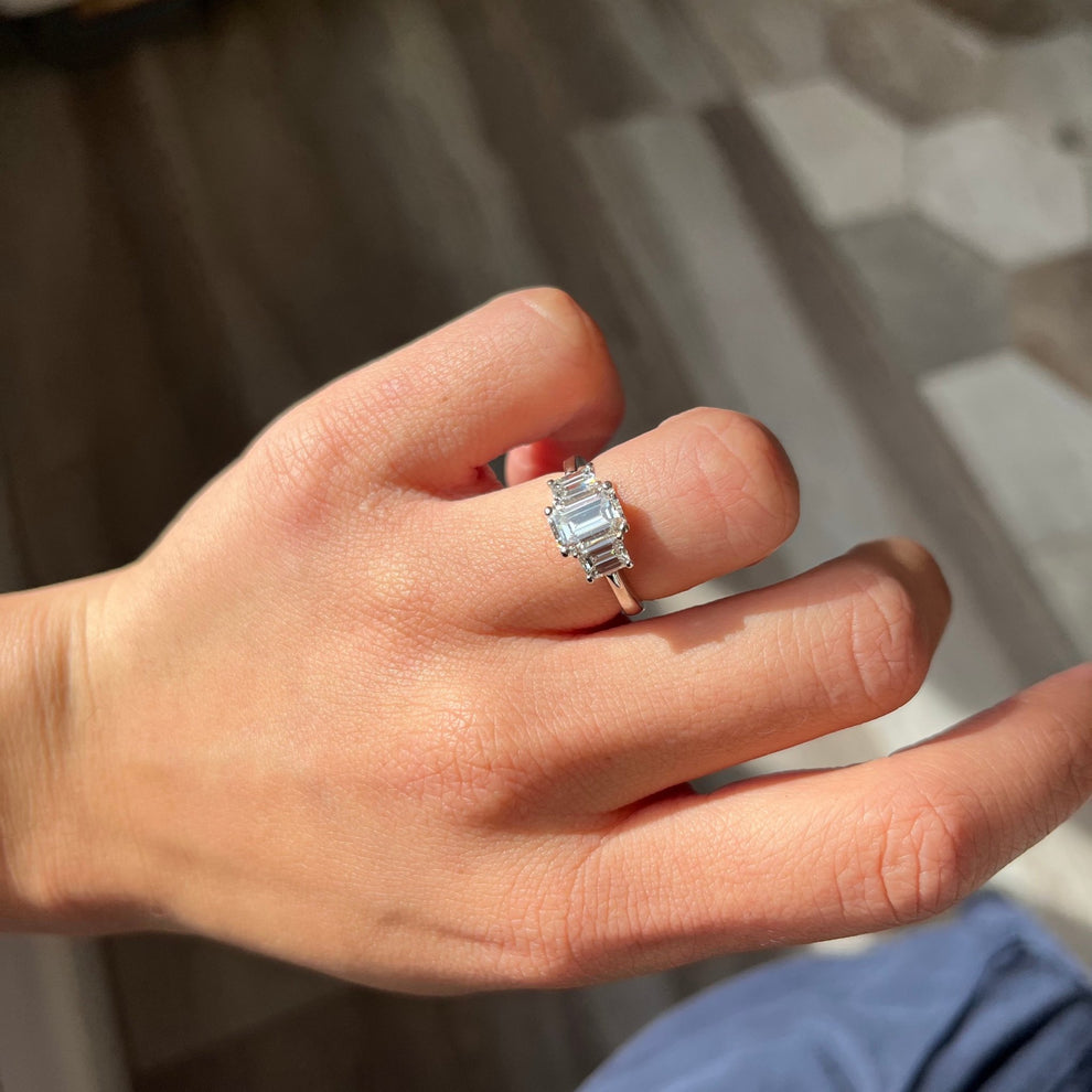 1.09ct Emerald Cut Diamond Trilogy Ring hand fabricated in Platinum main image 1
