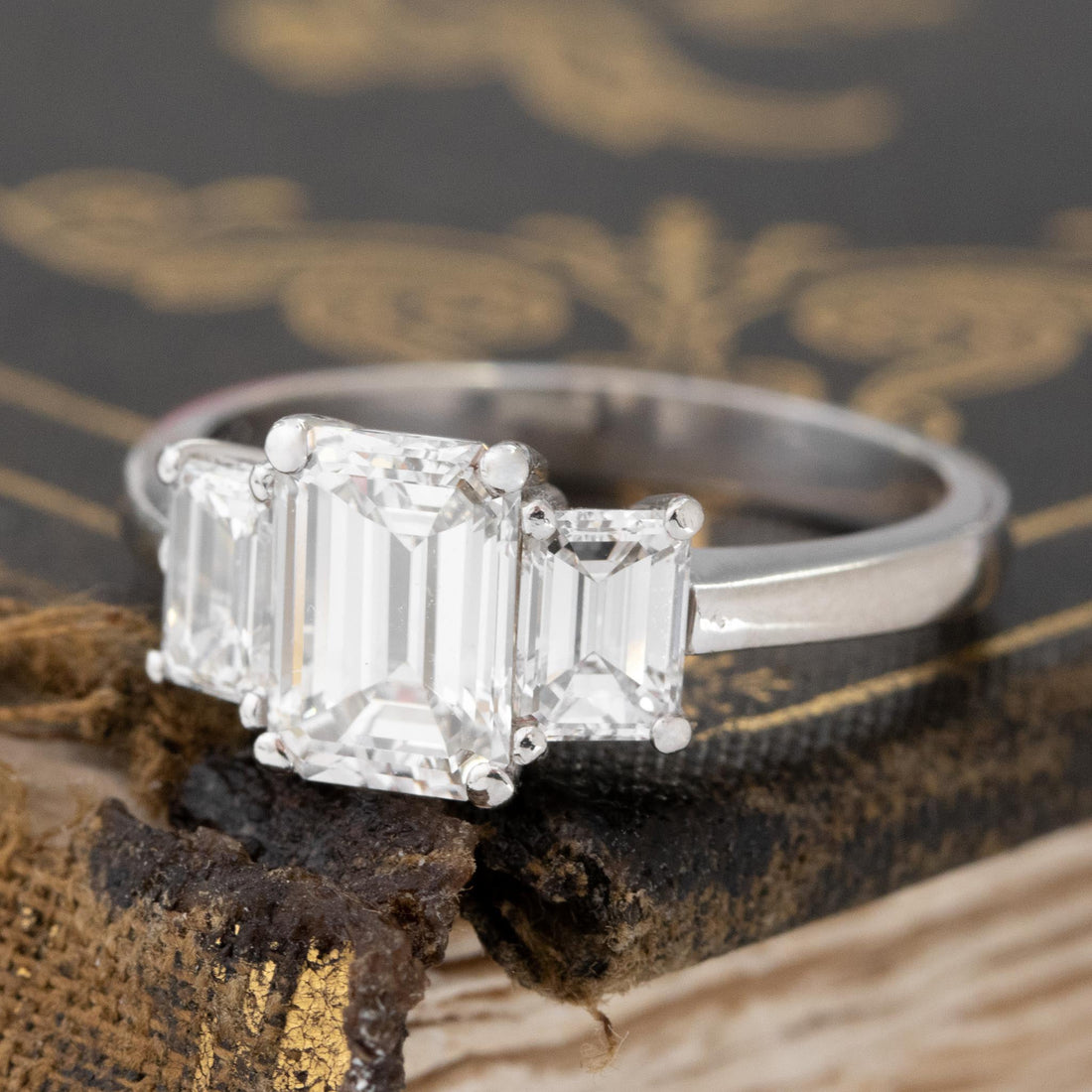 1.09ct Emerald Cut Diamond Trilogy Ring hand fabricated in Platinum