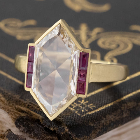 1.97ct Hexagonal Portrait/Rose Cut Diamond & Ruby Ring, GIA