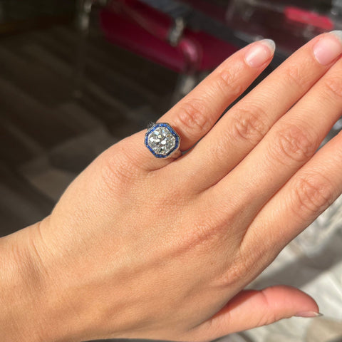 2.51ct GIA Old European cut diamond and sapphire target ring in platinum – alternate view 2