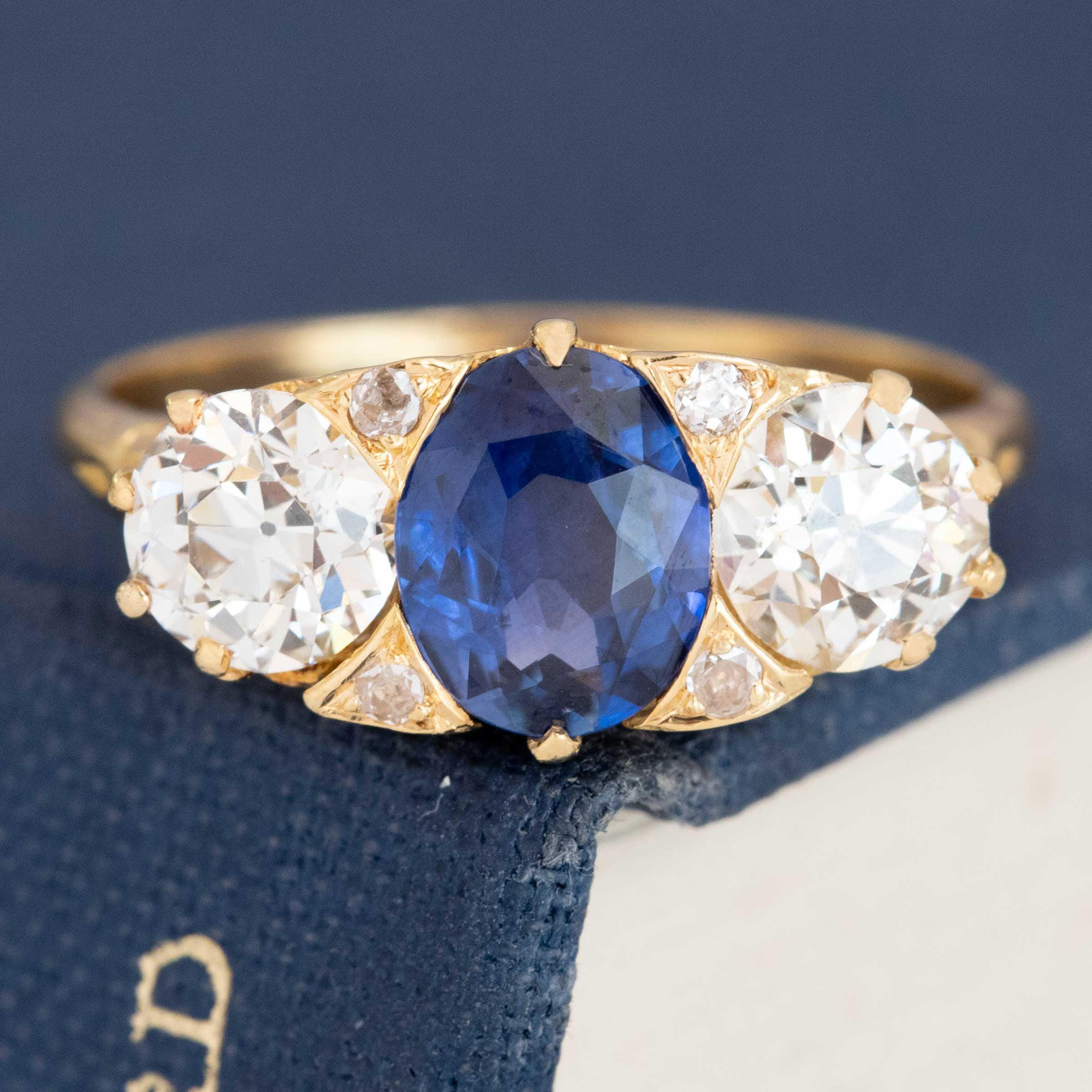 2.62ctw Old European Cut Diamond & Sapphire Trilogy Ring