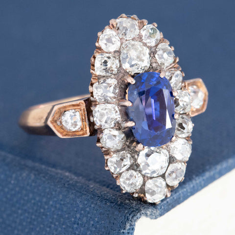 2.95ctw Antique Old Cut Diamond & Burmese No-Heat Sapphire Navette Ring