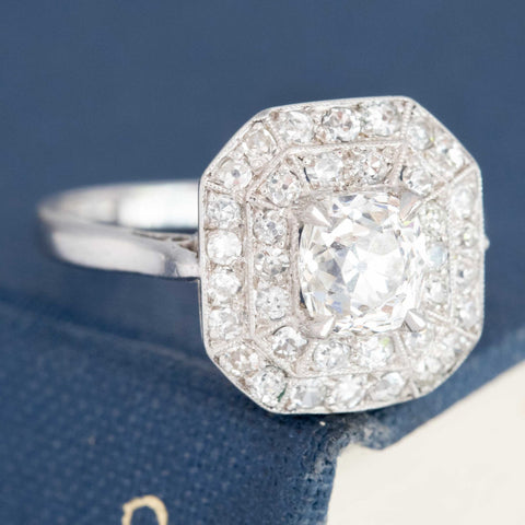 2.00ctw Art Deco Old Mine Cut Diamond Double Halo Ring, GIA