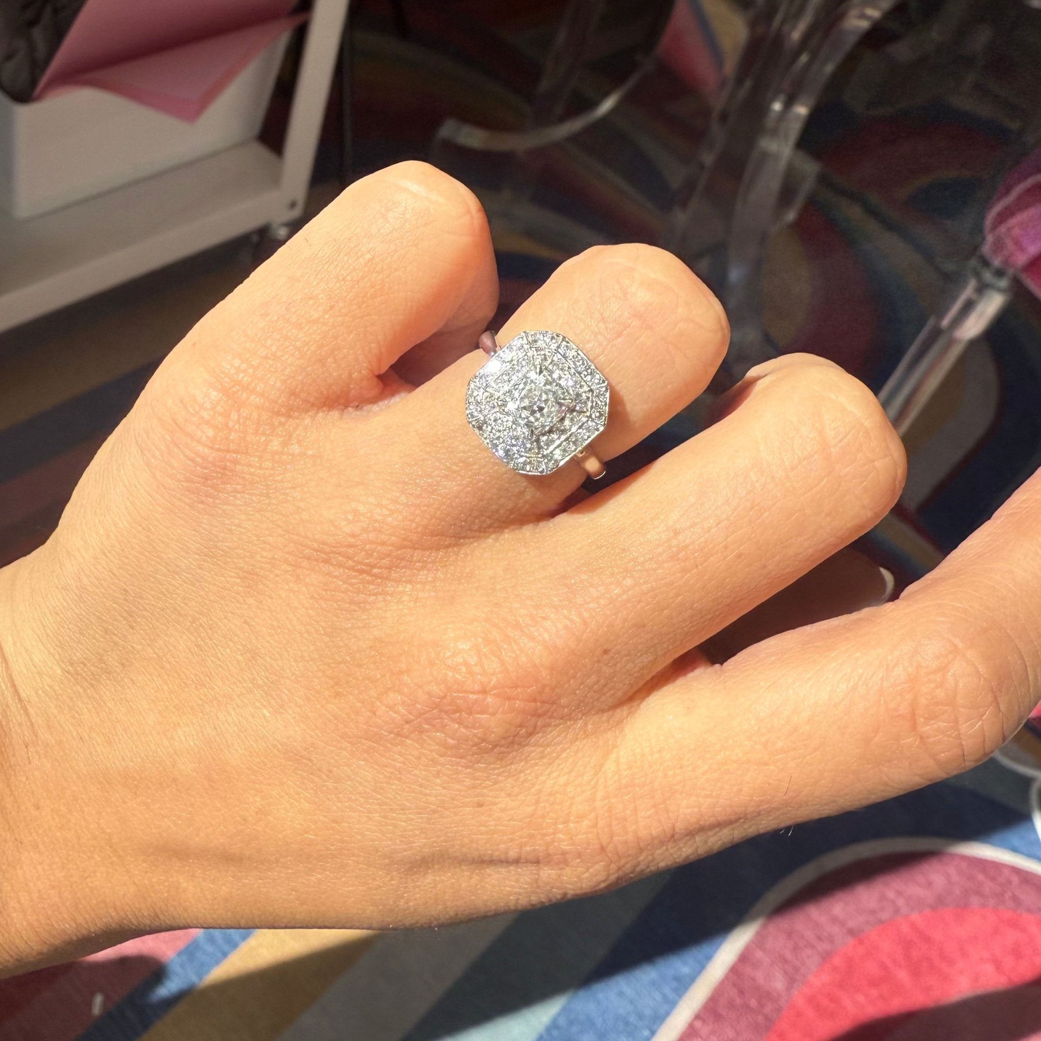 2.00ctw Art Deco Old Mine Cut Diamond Double Halo Ring, GIA