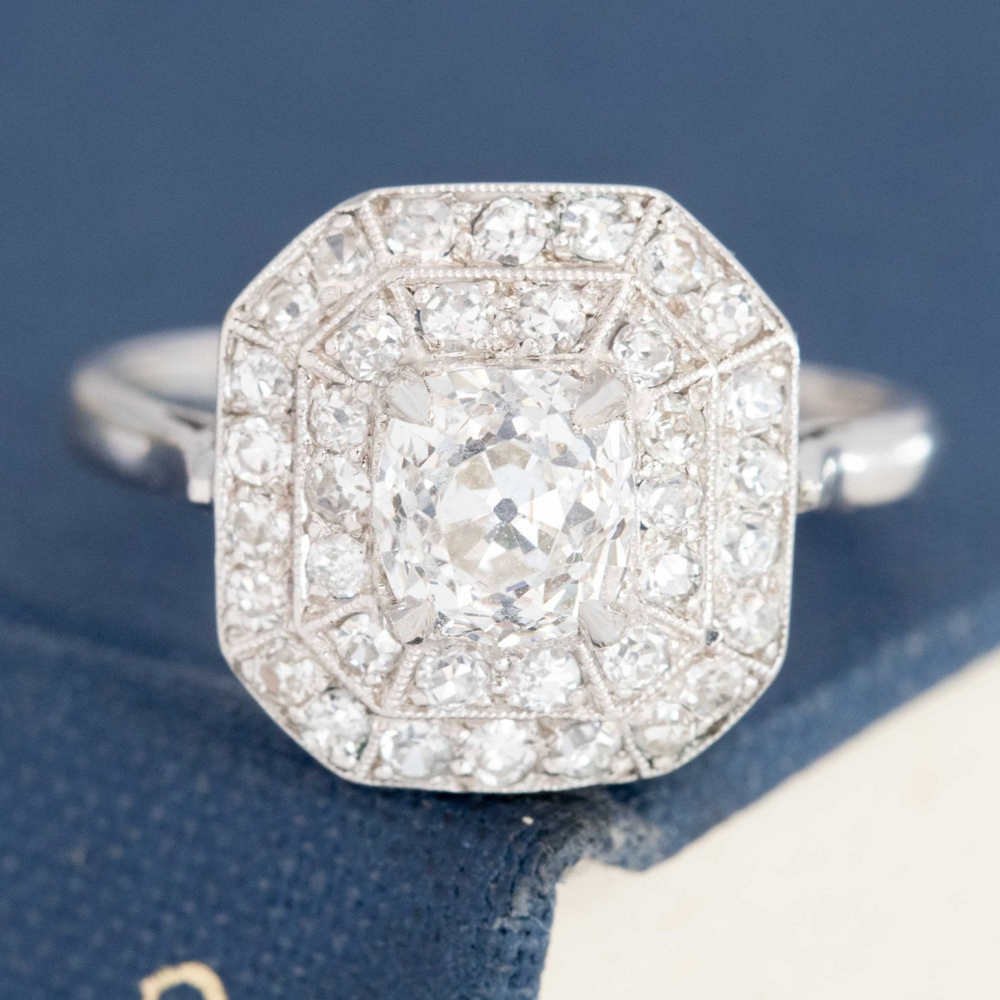 2.00ctw Art Deco Old Mine Cut Diamond Double Halo Ring, GIA