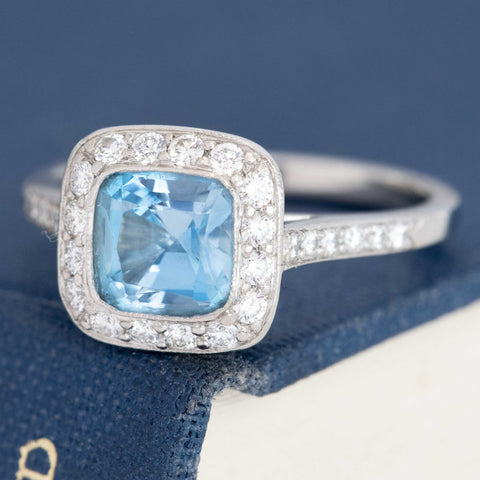 2.00ctw Soleste Aquamarine Diamond Halo Ring, by Tiffany & Co.