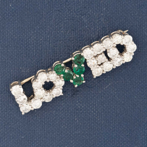 Vintage diamond and emerald LOVED word pin brooch – alternate view 2