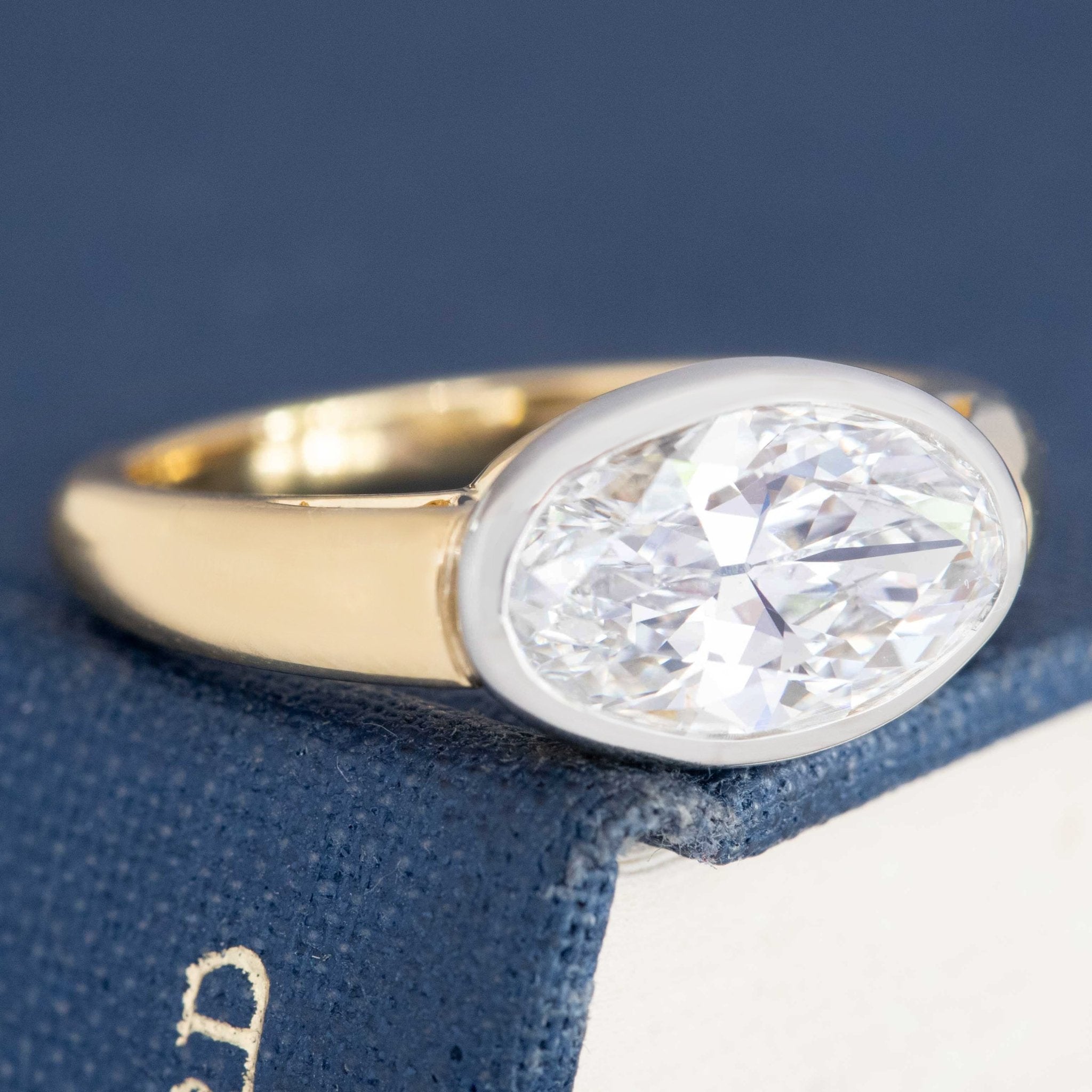 E color moval diamond modern bezel set ring