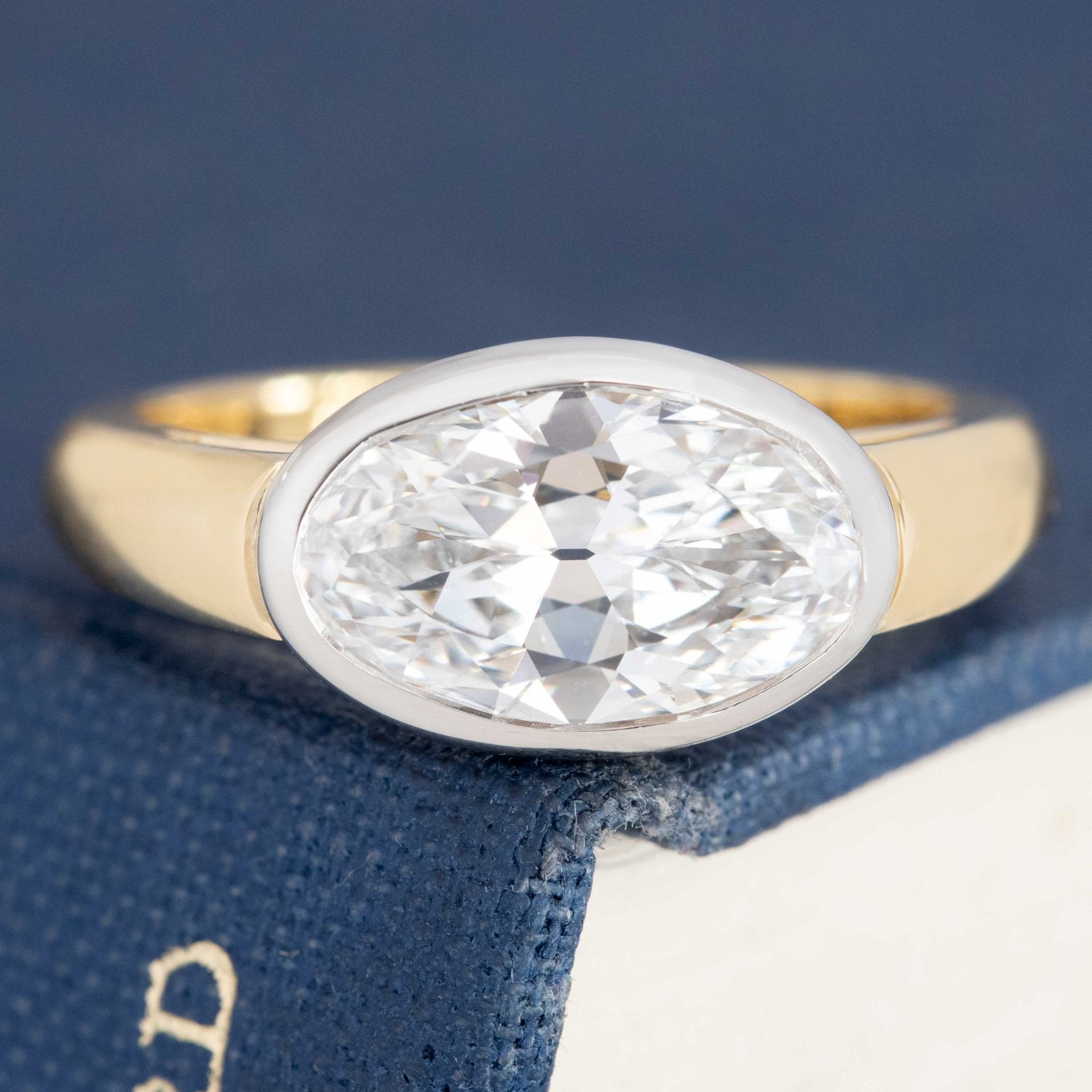 2.01ct moval diamond bezel ring in platinum and yellow gold
