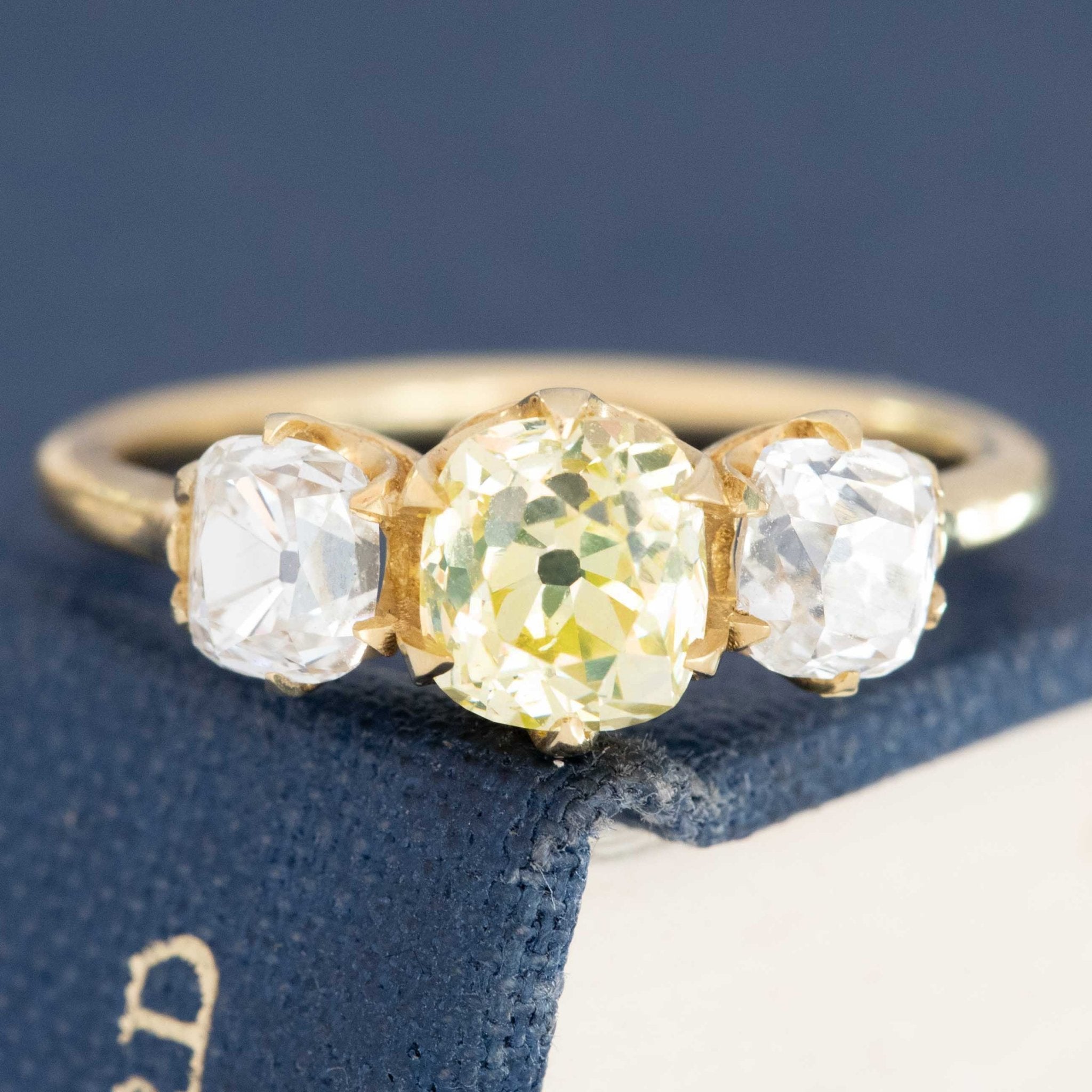 2.03ctw Old Mine Cut Diamond Trilogy Ring, GIA Fancy Color