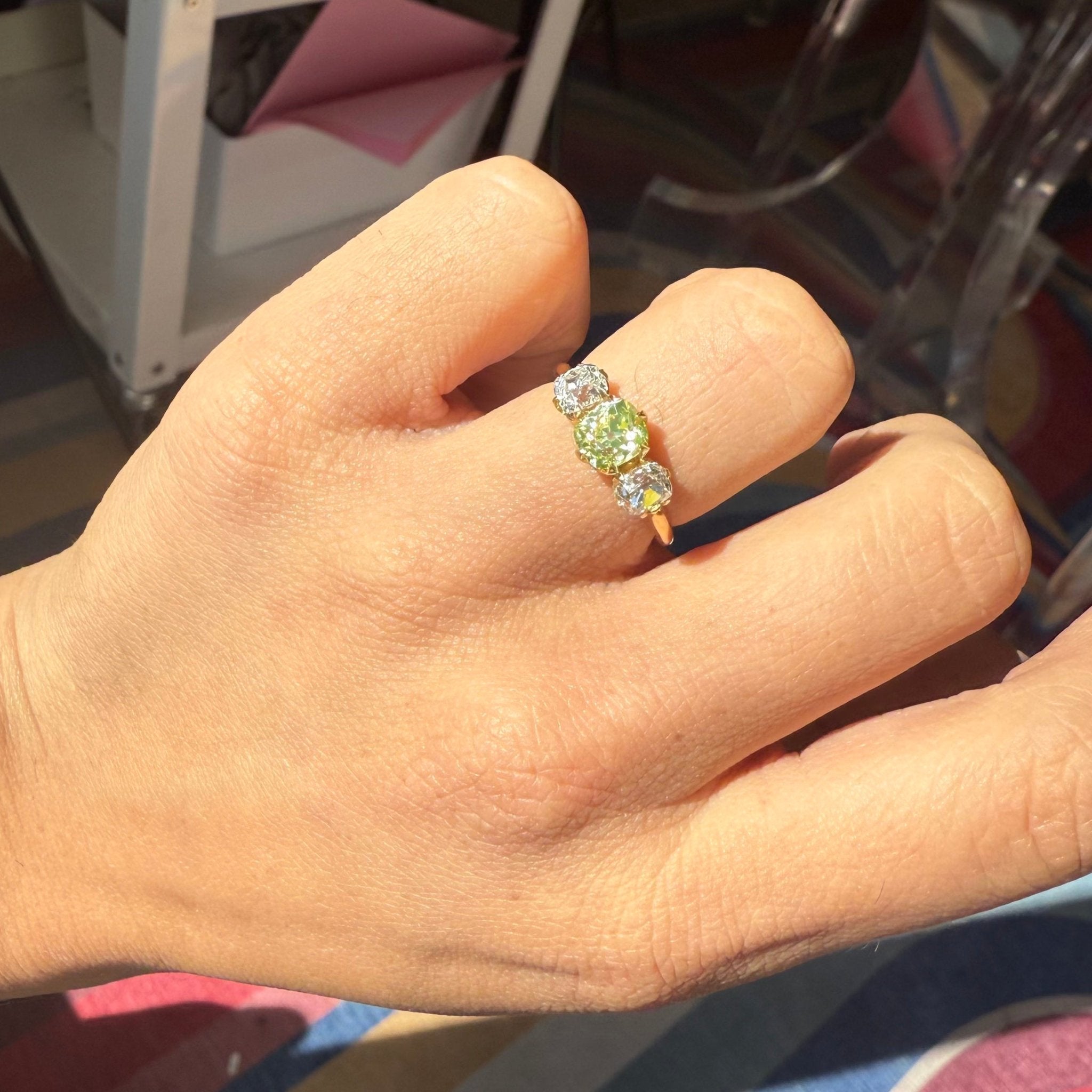 2.03ctw Old Mine Cut Diamond Trilogy Ring, GIA Fancy Color