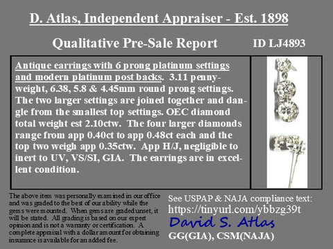 2.10ctw Art Deco Old European Cut Diamond Drop Earrings
