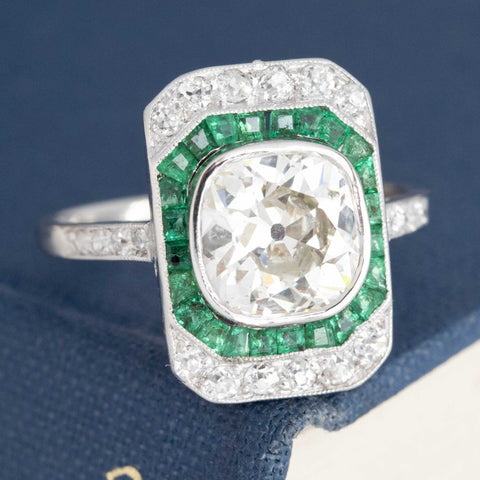 2.11ct Art Deco Old Mine Cut Diamond & Emerald Dinner Ring