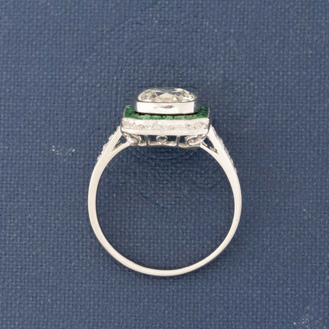 2.11ct Art Deco Old Mine Cut Diamond & Emerald Dinner Ring