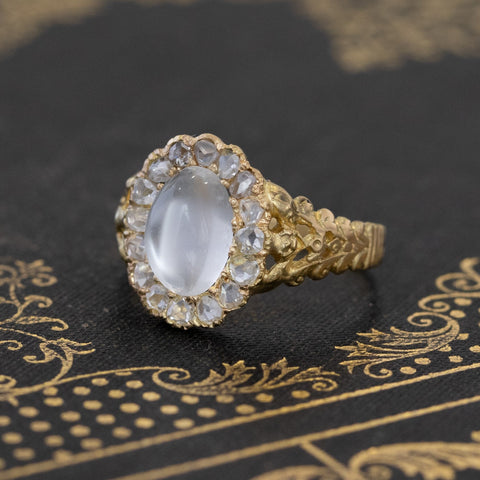 2.12ctw Moonstone & Diamond Rose Cut Halo Ring