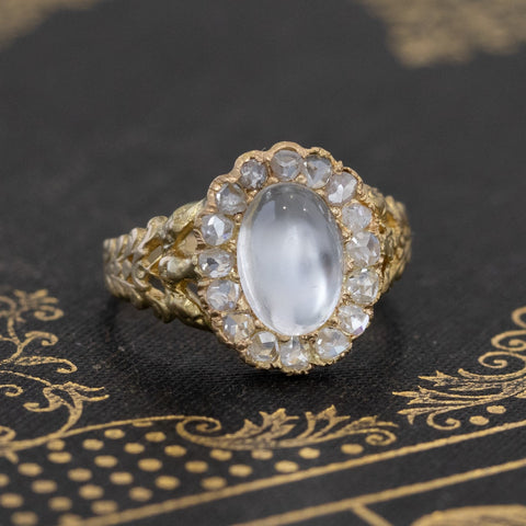 2.12ctw Moonstone & Diamond Rose Cut Halo Ring