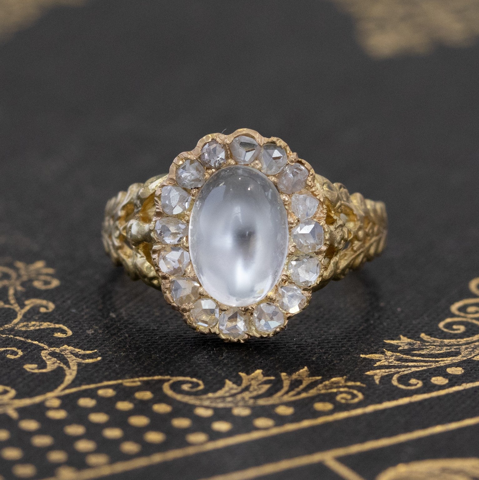 2.12ctw Moonstone & Diamond Rose Cut Halo Ring