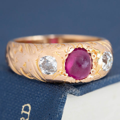 2.13ctw Victorian Old Mine Cut Diamond & Ruby Trilogy Ring