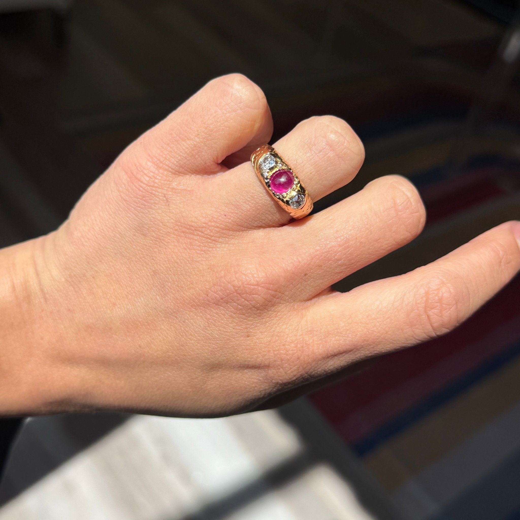 2.13ctw Victorian Old Mine Cut Diamond & Ruby Trilogy Ring