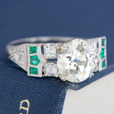 2.15ct Art Deco Old European Cut Diamond & Emerald Ring, GIA